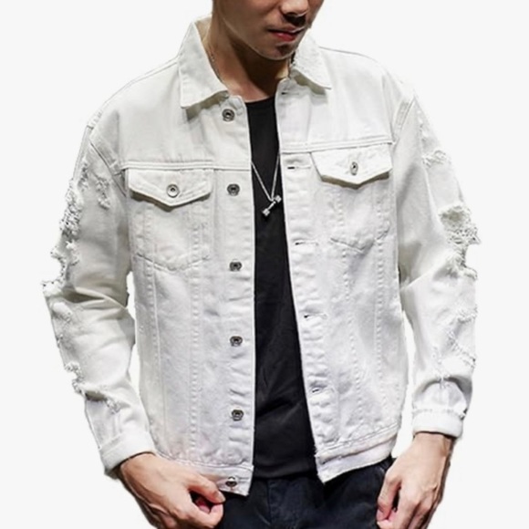 Distressed White Denim Motorcycle Mens Jacket